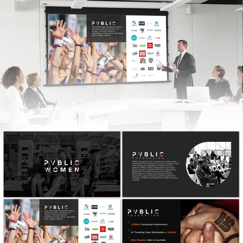Pitch deck design with the title 'PVBLIC WOMEN'