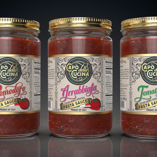 Vintage label with the title 'New Pasta Sauce brand and line named "Capo della Cucina".'