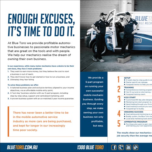 A4 design with the title 'Create an award winning brochure to sell franchises to mechanics'