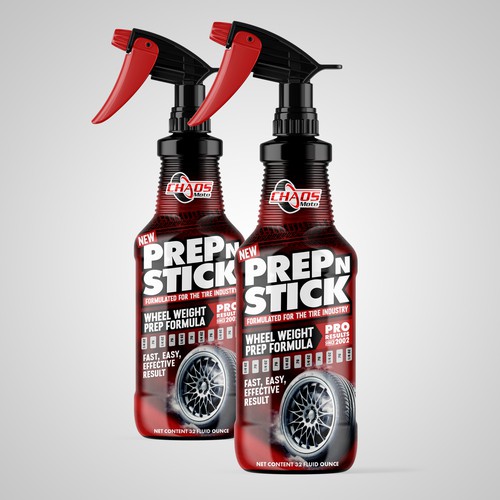 Spray label with the title 'Label design - Prep n Stick'