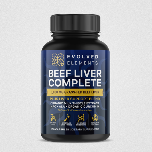 Metallic design with the title 'Premium Supplement Label for “Beef Liver Complete”'