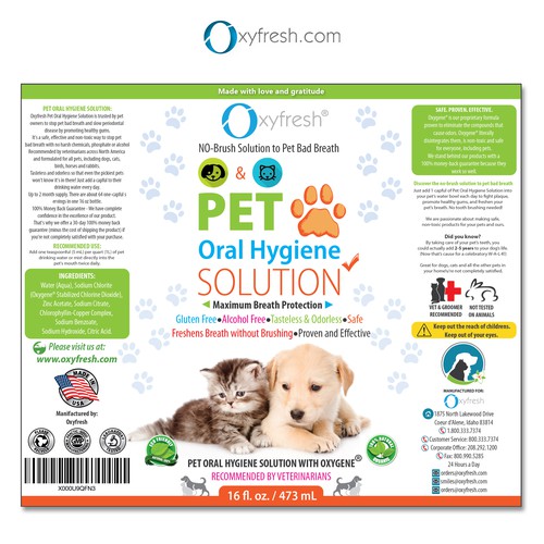 Animal label with the title 'Pet Brand FRESH New Look Design for OXYFRESH company.'