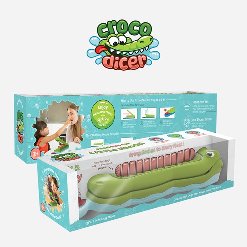 Art packaging with the title '"Croco Dicer" Kid's Hot Dog Cutter packaging'