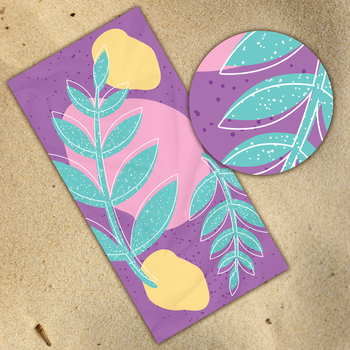 Beach artwork with the title 'Colorful Leafs and Figures Towel'