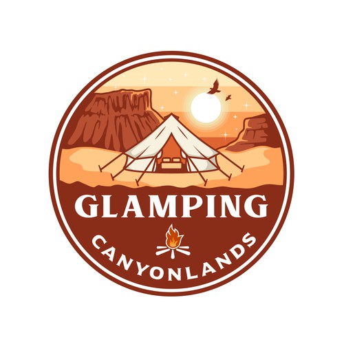 Desert logo with the title 'Glamping Canyon Lands'