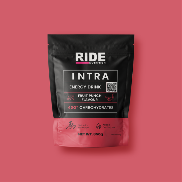 Supplement design with the title 'RIDE NUTRITION - Energy Drink Packaging Design'