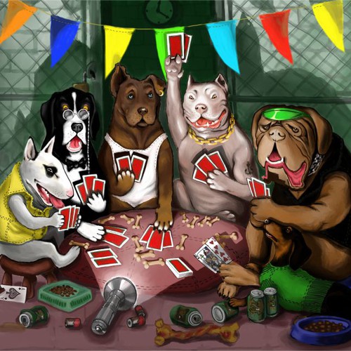 Playing card design with the title 'Illustration for Dogs playing Poker!! '