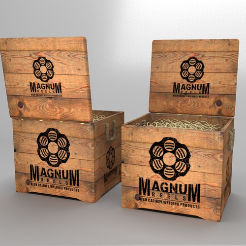Crate design with the title 'Vintage wooden crate box for Magnum Reels'