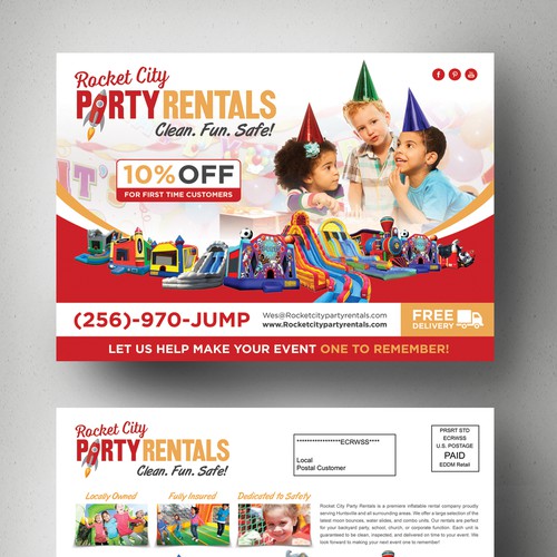 Handout design with the title 'Create a stunningly vintage post card for Rocket City Party Rentals'