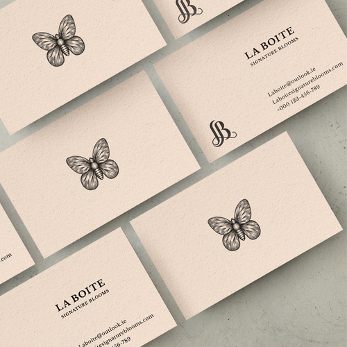 Butterfly design with the title 'Shop Card design for LA BOITE Signature Blooms'