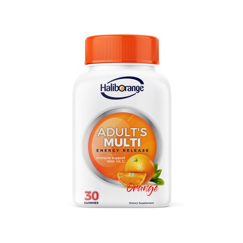 Orange label with the title 'Adult Multi Supplement'