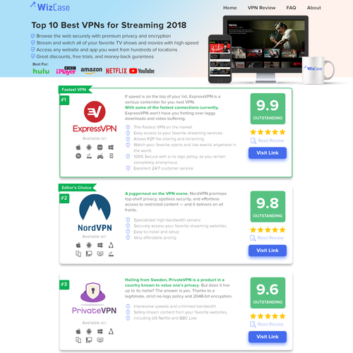 VPN design with the title 'Landing page for VPN Comparison site'