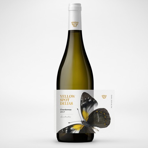 Wine bottle design with the title 'Yellow Spotted Delias - Chardonnay Wine Label'