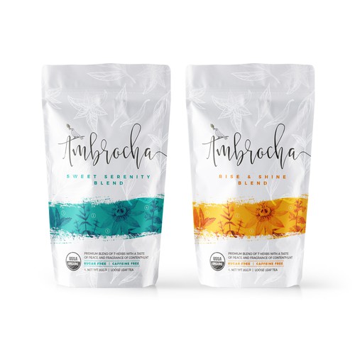 Flower label with the title 'Tea blend packaging'