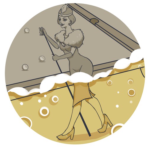 Billiard design with the title 'Alcohol-loving chick playing billiards'