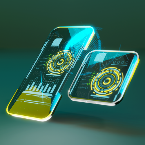 3D rendering design with the title '3d modeling for futuristic smartphones with holographic'