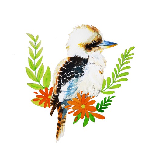 Watercolor illustration with the title 'Kookaburra '