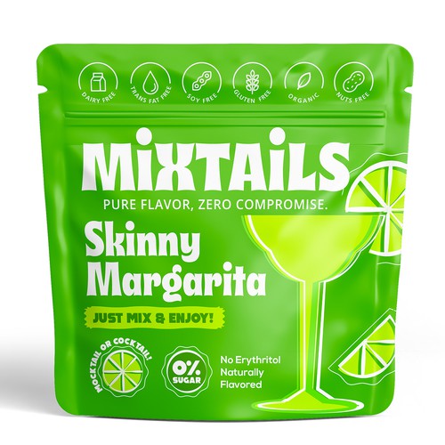 Green packaging with the title 'Packaging for a premium powdered cocktail mix'
