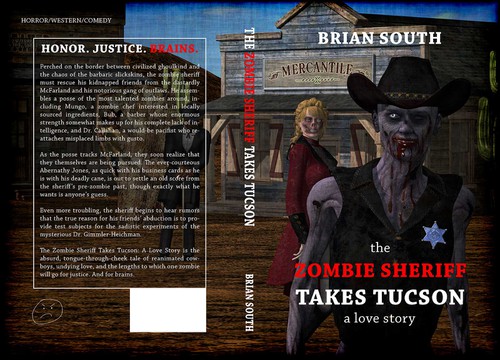 Sheriff design with the title 'Illustrated book cover for "The Zombie Sheriff Takes Tucson"'