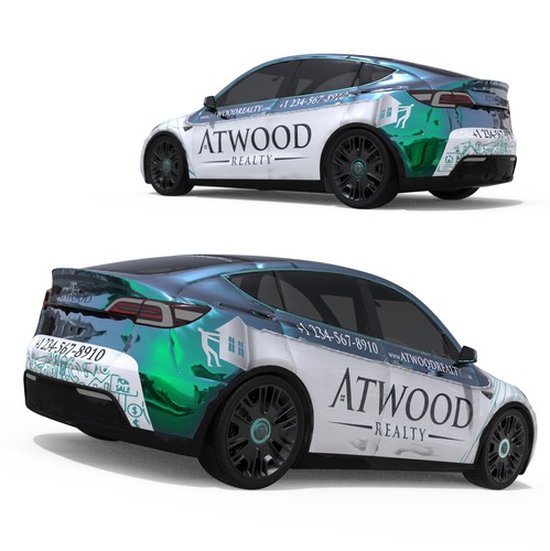 Tesla design with the title 'Car wrap - Atwood real estate'