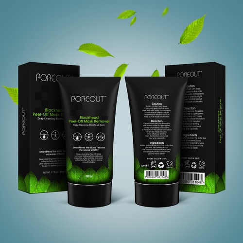 Green label with the title 'Attractive, fun and appealing Blackhead Peel-Off Mask Bottle Design'