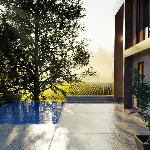 Pool design with the title '3d render of a vineyard villa'