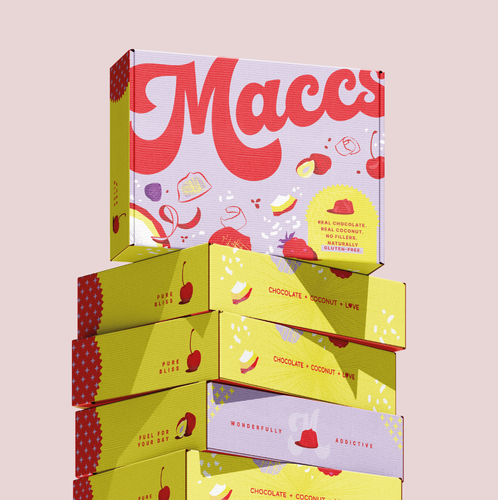 Chocolate design with the title 'Illustrated retail packaging for a coconut-based chocolate treat '