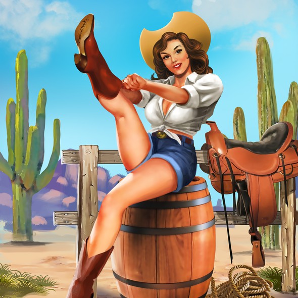 Pin-up girl artwork with the title 'Gunslinger boot Banner Promotion'