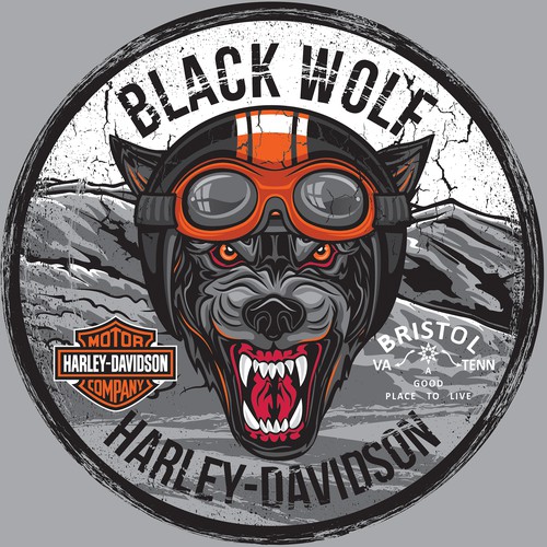 Motorcycle design with the title 'Black Wolf Harley-Davidson New Logo'