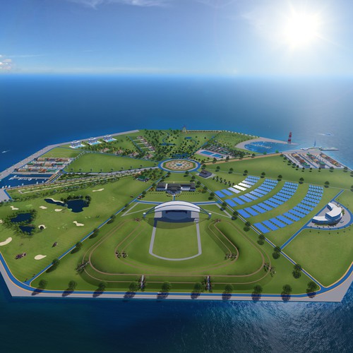 Architecture design with the title '3D render of island'