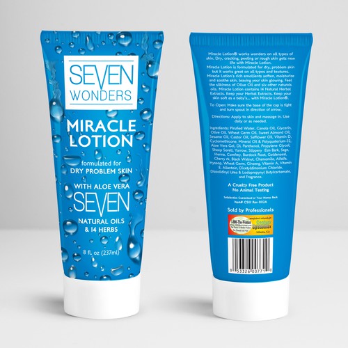 Skincare label with the title 'Seven Wonders Lotion Label'