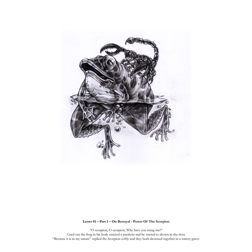 Paper artwork with the title 'On Betrayal - Power of the Scorpion'