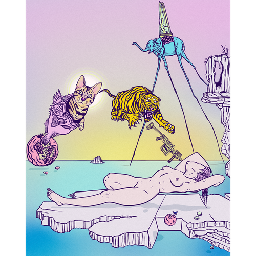 Cat illustration with the title 'Play on Salvador Dali’s “Dream Caused by the Flight of a Bee around a Pomegranate.”'