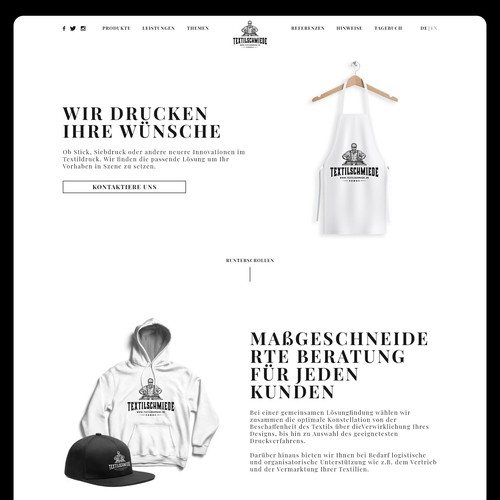 Clothing website with the title 'Website concept for a printing company in Germany'