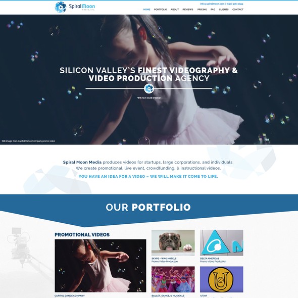 Media website with the title 'Create an imaginative, elegant, BOLD website for Spiral Moon Media'