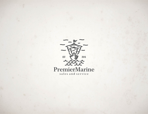 Boat logo with the title 'boat sales and service, boat prop with wavecurl. name of business is "Premier Marine"'