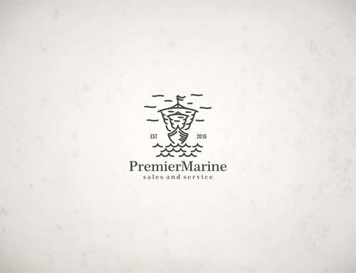 Ship logo with the title 'boat sales and service, boat prop with wavecurl. name of business is "Premier Marine"'