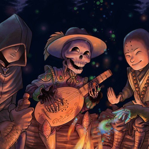 Campfire design with the title 'Gathered around the Fire'