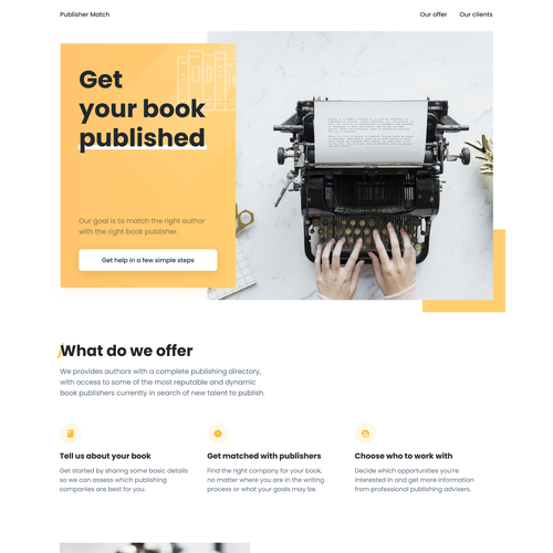 Mobile-first design with the title 'Clean, minimalist desktop landing page for the writers'
