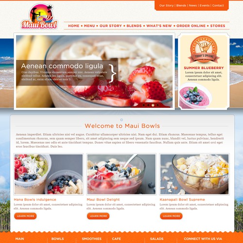 Colorful website with the title 'Create the next website design for Maui Bowl'