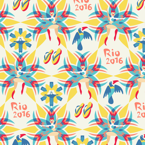 Dance illustration with the title 'Rio pattern. Carnival dancers and Christ the Redeemer. '