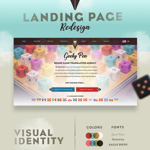 Board game design with the title 'Fun, Gaming themed landing page'