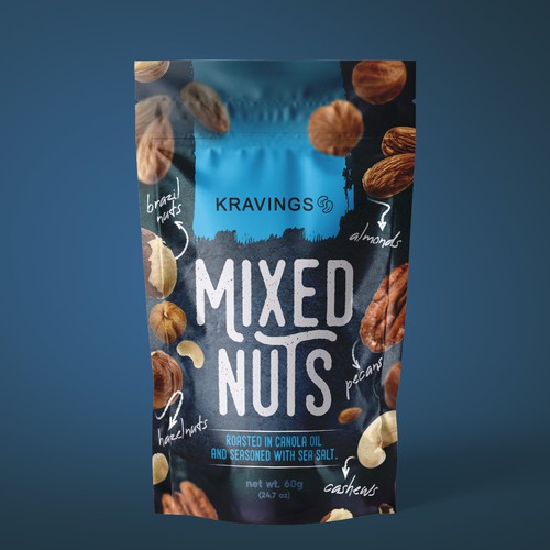 Dark packaging with the title 'KRAVINGS | Mixed Nuts'