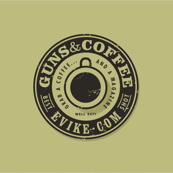 Khaki logo with the title 'Help Guns & Coffee with a new logo'