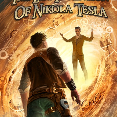 Steampunk design with the title 'The last invention of Tesla'