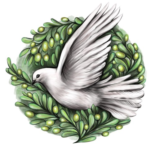 Bird illustration with the title 'Dove and olive tree'