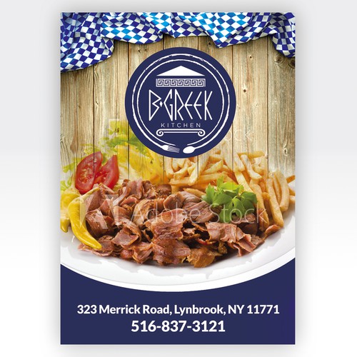 A4 design with the title 'Take out Menu for B Greek a casual Greek restaurant'