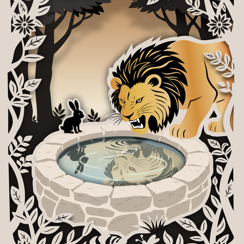 CorelDRAW illustration with the title 'Lion & Rabbit – Paper-Cut Calendar Artwork with Gold Foil Accents'