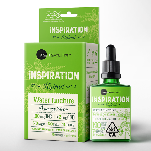 Cannabis packaging with the title 'Cannabis infused water tincture'