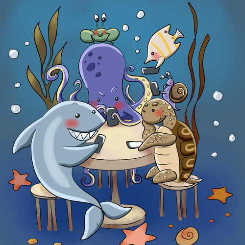 Underwater artwork with the title 'Fun animals to represent the brand of pub trivia for app and website. '